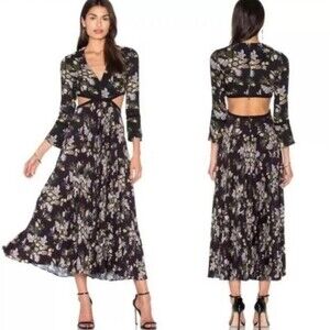 A.L.C. Silk Josefa Midi Dress Black Floral Cutout Pleated Wedding Guest Resort 8